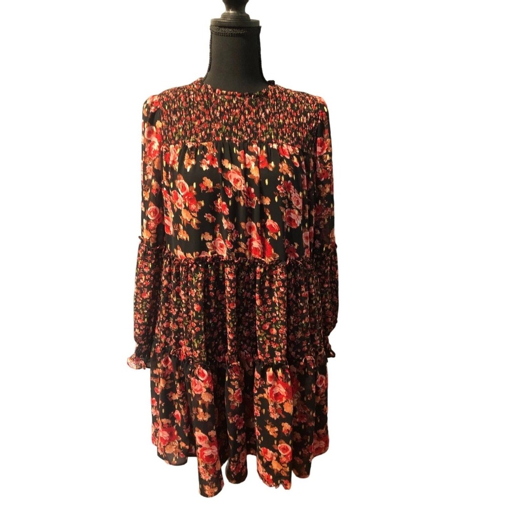CE CE FLORAL DRESS‎ XS SMOCKED LINED FLIRTY FLOW Cottagecore Tiered